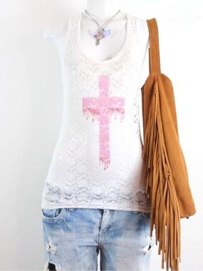 y2k white lace pink cross tank top